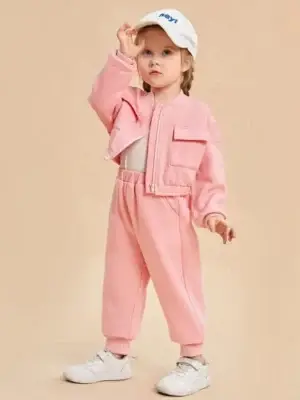 Baby girl pink zipper style winter fleece tracksuit