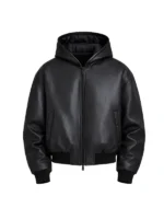 Men's Hooded Black Leather Bomber Jacket