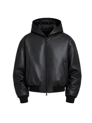 Men's Hooded Black Leather Bomber Jacket