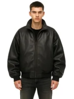 Men's Oversized Black Leather Bomber Jacket