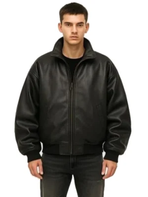 Men's Oversized Black Leather Bomber Jacket