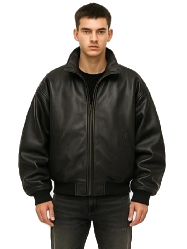 Men's Oversized Black Leather Bomber Jacket