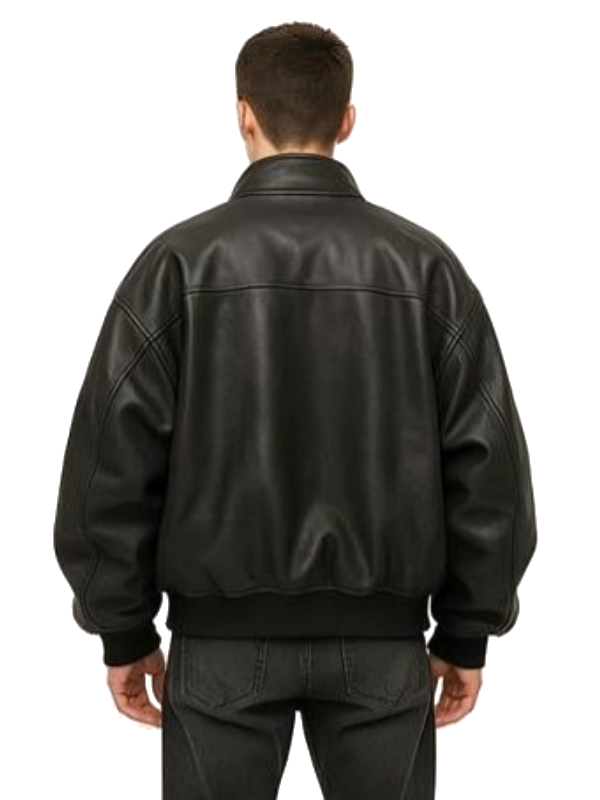 Men's Oversized Black Leather Bomber Jacket - Image 2