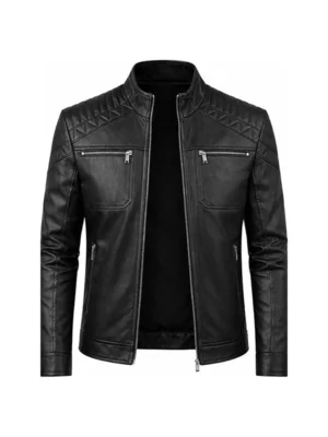 Men's Cafe Racer Quilted Shoulder Leather Jacket